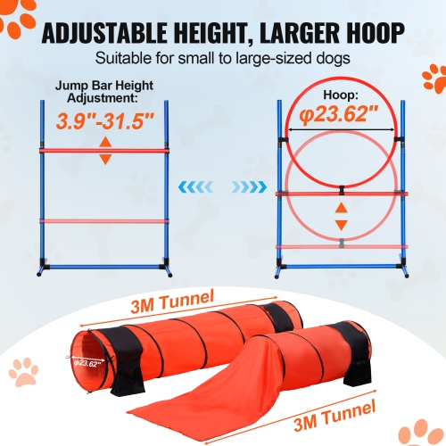 VEVOR 7 PCS Set Dog Agility Training Equipment, w/ Adjustable High Hurdles,6 Weave Poles,2 Tunnels,Jump Ring,Pause Box,Whistle,Foldable Bowl,Puppy
