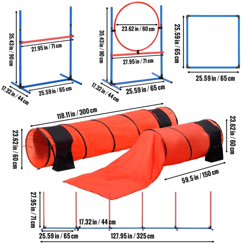 VEVOR 7 PCS Set Dog Agility Training Equipment, w/ Adjustable High Hurdles,6 Weave Poles,2 Tunnels,Jump Ring,Pause Box,Whistle,Foldable Bowl,Puppy