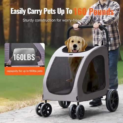 VEVOR 4 Wheels Dog Stroller with Brakes, 160lbs Weight Capacity, Puppy Stroller Carrier with Breathable Mesh Windows & Height-Adjustable Height,