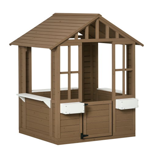 Outsunny Kids – Maisonnette extérieure, chalet de jeux de jardin en bois avec porte fonctionnelle, fenêtres, porte-pot à fleurs et boîtes pour