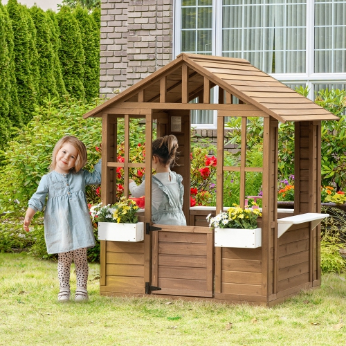 Outsunny Kids – Maisonnette extérieure, chalet de jeux de jardin en bois avec porte fonctionnelle, fenêtres, porte-pot à fleurs et boîtes pour