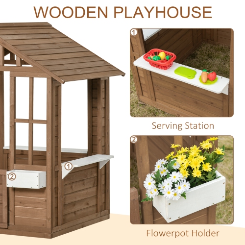 Outsunny Kids – Maisonnette extérieure, chalet de jeux de jardin en bois avec porte fonctionnelle, fenêtres, porte-pot à fleurs et boîtes pour