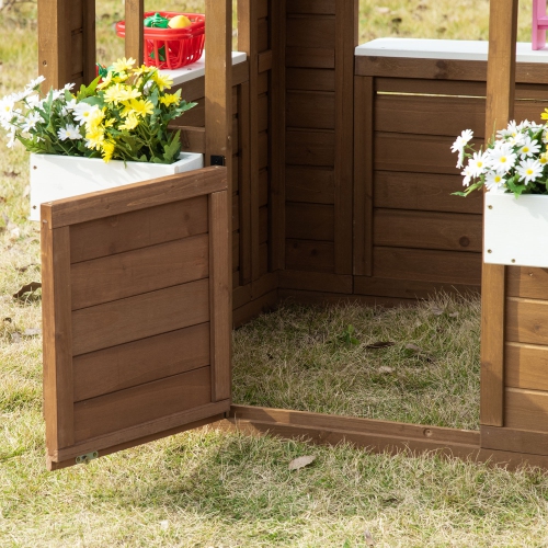 Outsunny Kids – Maisonnette extérieure, chalet de jeux de jardin en bois avec porte fonctionnelle, fenêtres, porte-pot à fleurs et boîtes pour