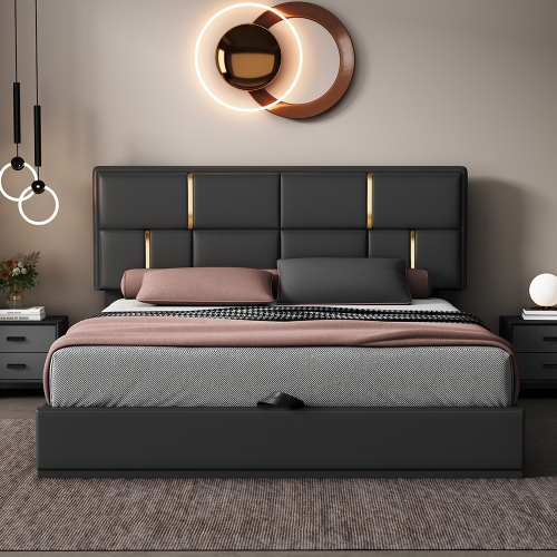 Kepooman Queen Size Upholstered PU Leather Platform Bed with Hydraulic Storage System - Black
