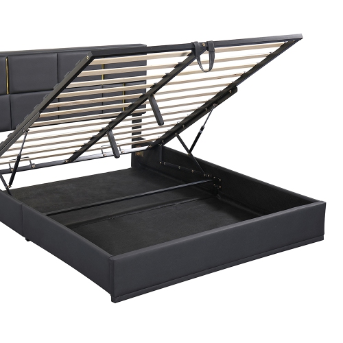 Kepooman Queen Size Upholstered PU Leather Platform Bed with Hydraulic Storage System - Black