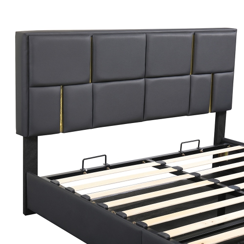 Kepooman Queen Size Upholstered PU Leather Platform Bed with Hydraulic Storage System - Black