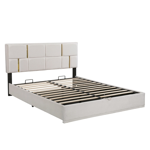 Kepooman Queen Size Upholstered Velvet Leather Platform Bed with Hydraulic Storage System - Beige