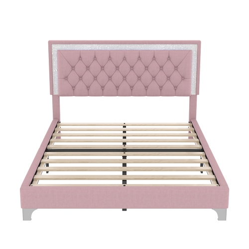 Kepooman 3-Pieces Bedroom Sets,Queen Size Upholstered Platform Bed with LED Lights and 2 Nightstands - Pink