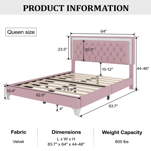 Kepooman 3-Pieces Bedroom Sets,Queen Size Upholstered Platform Bed with LED Lights and 2 Nightstands - Pink
