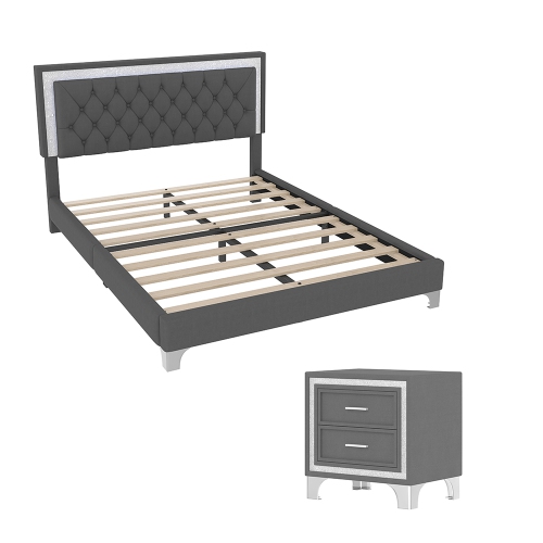 Ensembles 3 pièces pour chambre Kepooman, grand lit plateforme rembourré avec éclairage LED et 2 tables de chevet - Gris