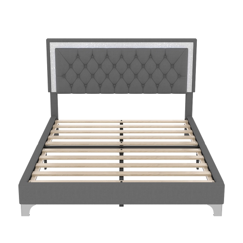 Ensembles 3 pièces pour chambre Kepooman, grand lit plateforme rembourré avec éclairage LED et 2 tables de chevet - Gris