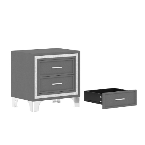 Ensembles 3 pièces pour chambre Kepooman, grand lit plateforme rembourré avec éclairage LED et 2 tables de chevet - Gris