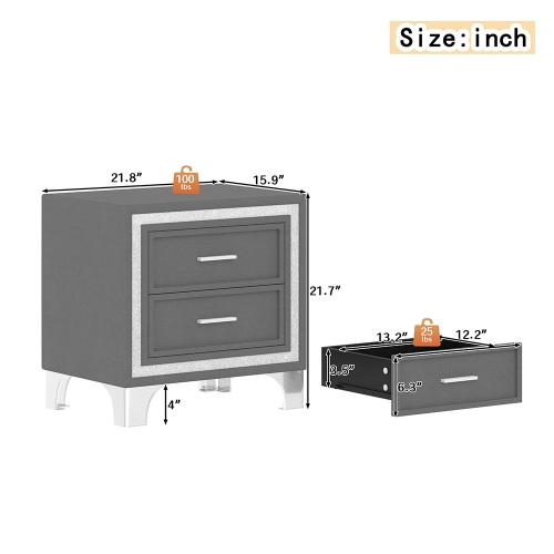 Ensembles 3 pièces pour chambre Kepooman, grand lit plateforme rembourré avec éclairage LED et 2 tables de chevet - Gris