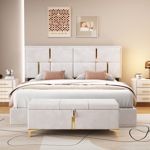 Kepooman 2-Pieces Bedroom Sets,Queen Size Upholstered Platform Bed with Hydraulic Storage System - Beige