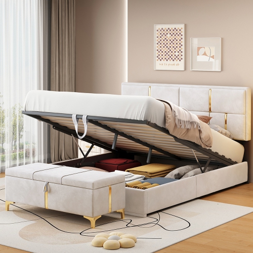 Kepooman 2-Pieces Bedroom Sets,Queen Size Upholstered Platform Bed with Hydraulic Storage System - Beige