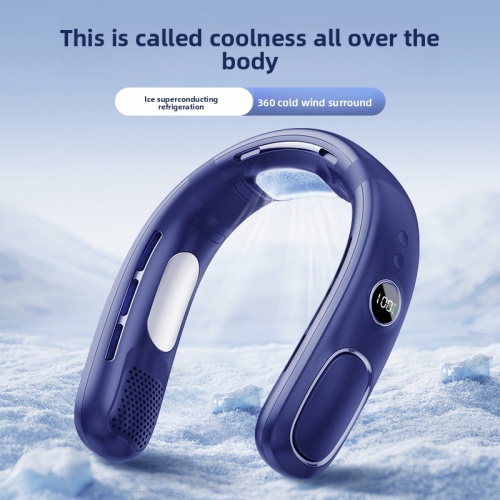 Semiconductor Refrigeration Neck Hanging Fan USB Charging Leafless Cooling Fan Outdoor Portable Digital Display Small Fan - N90 Dark Blue