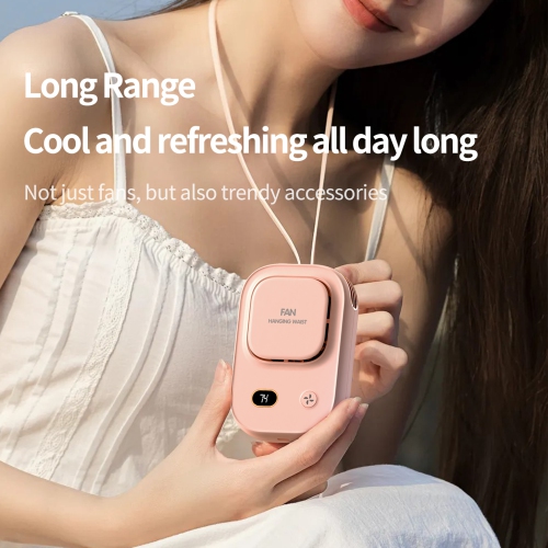 New leafless neck fan, turbo usb desktop lazy outdoor mini portable waist hanging fan, battery display neck cooling fan - pink