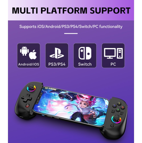 D8 mobile phone stretch game handle, dual hall wireless bluetooth iso Android tablet somatosensory vibration handle, RGB light telescopic joystick