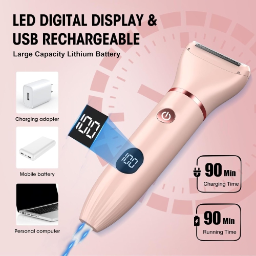 Rechargeable Bikini Trimmer for Women,3 in 1 Painless Electric Women Razors,Waterproof Pubic Hair Trimmer & Facial Hair Remover,LCD Display Body