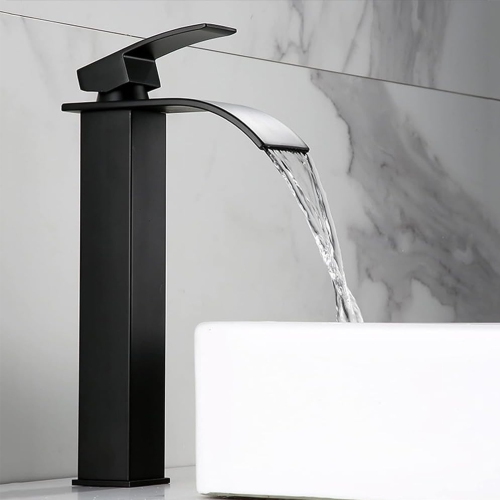 Black Single-Lever Waterfall Faucet, Square Stainless Steel Basin Faucet Suitable for Kitchen, Bathroom