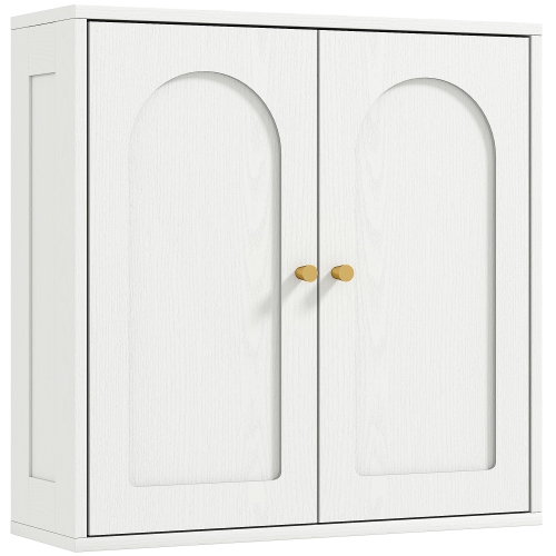 HOMCOM Bathroom Wall Cabinet, Modern Medicine Cabinet with 2 Arched Doors and Gold Handles, Wall Mounted Bathroom Cabinet, White Wood Grain