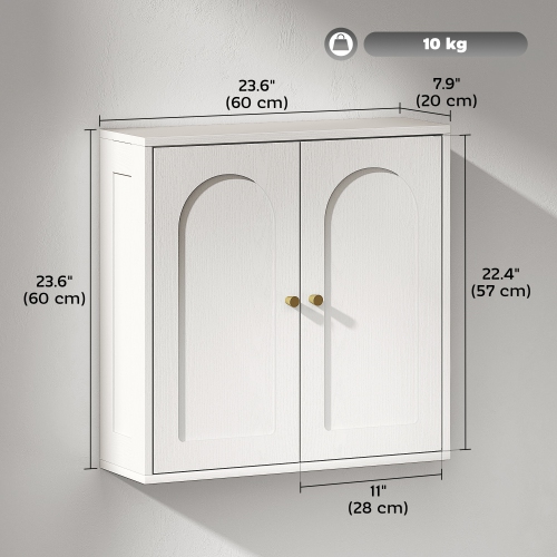 HOMCOM Bathroom Wall Cabinet, Modern Medicine Cabinet with 2 Arched Doors and Gold Handles, Wall Mounted Bathroom Cabinet, White Wood Grain