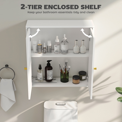 HOMCOM Bathroom Wall Cabinet, Modern Medicine Cabinet with 2 Arched Doors and Gold Handles, Wall Mounted Bathroom Cabinet, White Wood Grain