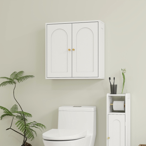 HOMCOM Bathroom Wall Cabinet, Modern Medicine Cabinet with 2 Arched Doors and Gold Handles, Wall Mounted Bathroom Cabinet, White Wood Grain