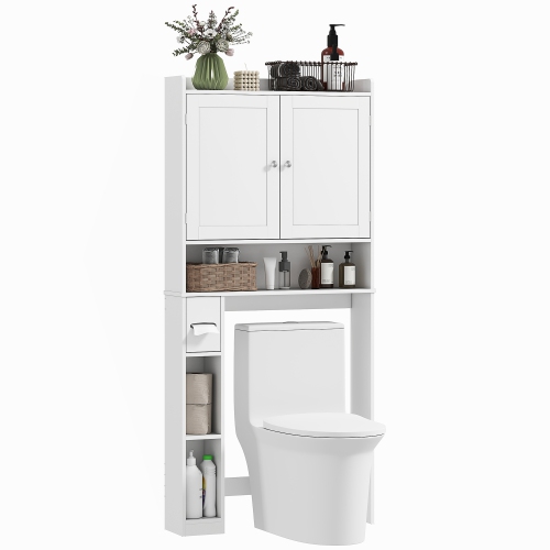 HOMCOM Over the Toilet Storage Cabinet, Modern Above Toilet Storage Cabinet with 2 Doors, Shelves, Toilet Paper Holder, Freestanding Space Saver for