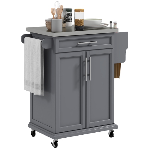 HOMCOM Kitchen Island with Stainless Steel Top, Rolling Kitchen Cart on Wheels with Storage Drawer, Cabinet, Towel Rack and Spice Rack, Grey