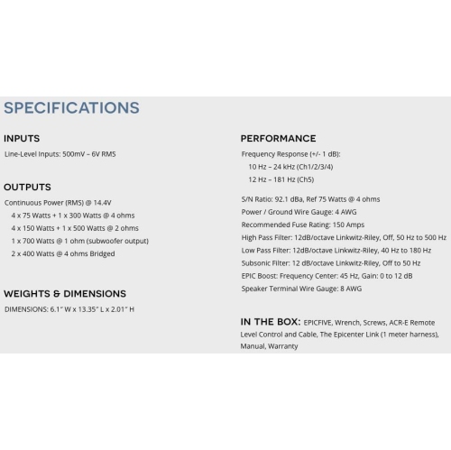 Amplificateur 5 canaux série EPIC d'AudioControl – 150 W x4+300 x 1@2 Ohm, 75 W x 4 ou 300 x 2 à 4 Ohm+700 W @1 Ohm ch5