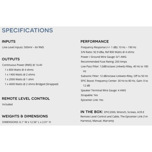 Amplificateur mono de la série EPIC d'AudioControl - 2000w@1 Ohm, 1500w@2 Ohm, 1000w@4 Ohm