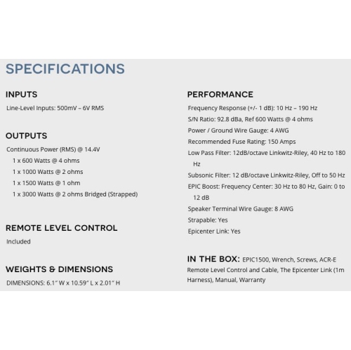 AudioControl EPIC Series Mono Amp - 1500w@1ohm, 1000w@2ohm, 750w@4ohm