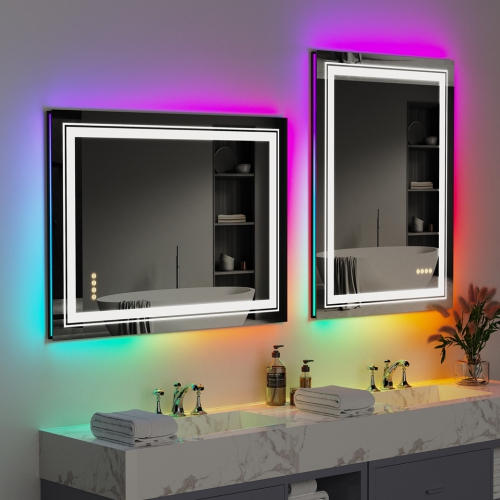 Image 1 of 11.. 24x32 Inch LED Bathroom Mirror with RGB Lights Color Changing Backlit Mirror Shatterproof Dimmable Anti-Fog Lighted Vanity Mirror, RGB Multicolor
