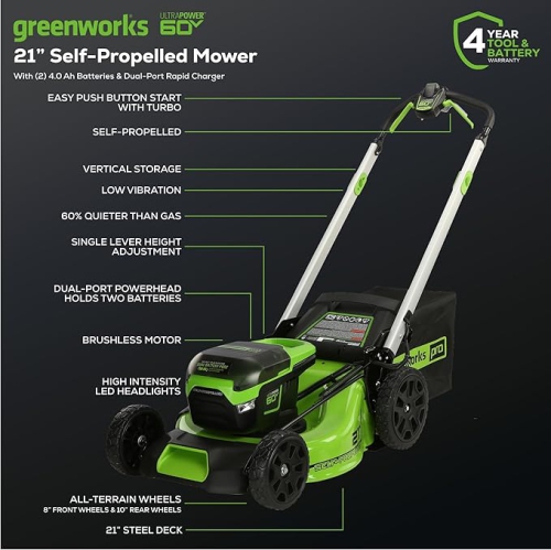 Greenworks 60V 21” Cordless Self-Propelled Lawn Mower, 2 x 4.0Ah Batteries and Dual Port Rapid Charger Included