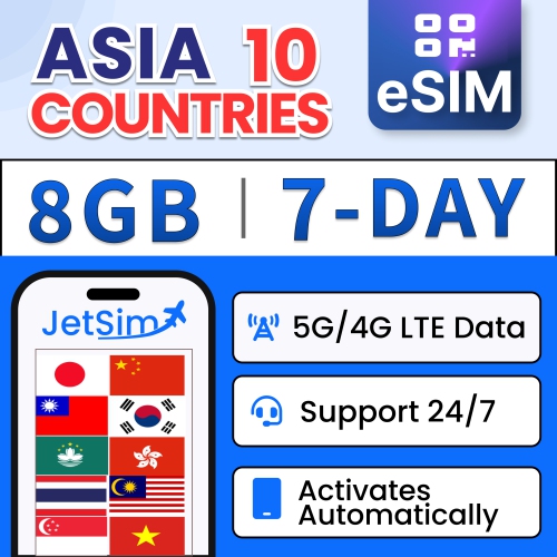 JETSIM  Asia Sim Card Qr Code (7 Days), 8GB 5G/4G Lte High-Speed Data (China, South Korea, Japan, Thailand, Taiwan, Singapore, Vietnam & More)