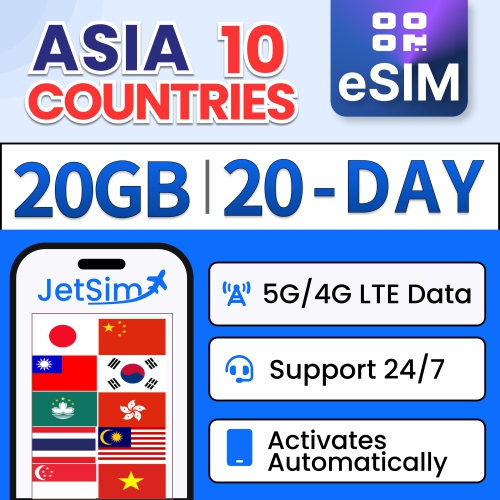 JETSIM  Asia Sim Card Qr Code (20 Days), 20GB 5G/4G Lte High-Speed Data (China, South Korea, Japan, Thailand, Taiwan, Singapore, Vietnam & More)