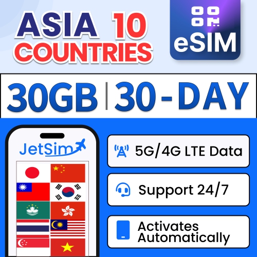 JETSIM  Asia Sim Card Qr Code (30 Days), 30GB 5G/4G Lte High-Speed Data (China, South Korea, Japan, Thailand, Taiwan, Singapore, Vietnam & More)