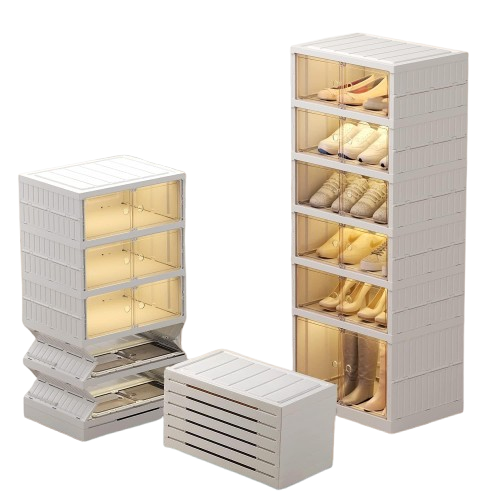 YIVKE  Foldable Shoe Rack Organizer for Closet 6-Tier Folding Shoe Box Storage Cabinet With Clear Door Plastic Collapsible Shoe Shelf With Lids