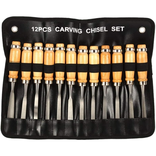 12 Pcs Professional Wood Handle Carving Chisels Tools, Woodworking Sculpting Wood Carving Chisel Set for DIY Art Craft Clay Carpentry