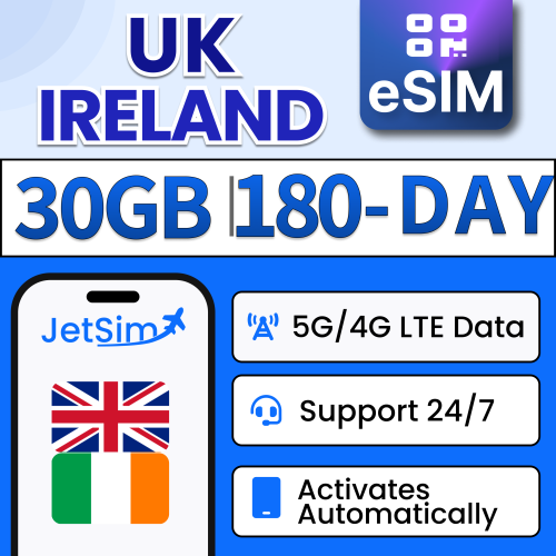Jetsim UK & Ireland SIM QR Code, 30GB High-Speed Data, Plug & Play, No Need to Wait for Delivery, SIM QR Code