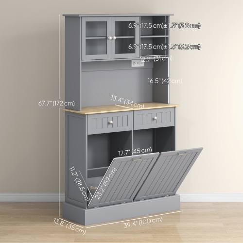 HOMCOM 68" Kitchen Pantry Cabinet with Charging Station, 2 Tilt Out 10 Gallon Trash Can Cabinets, Drawers, Freestanding Storage Cabinet with Glass