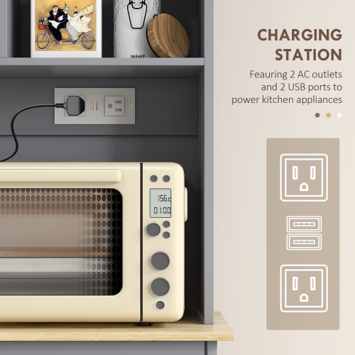 HOMCOM 68" Kitchen Pantry Cabinet with Charging Station, 2 Tilt Out 10 Gallon Trash Can Cabinets, Drawers, Freestanding Storage Cabinet with Glass