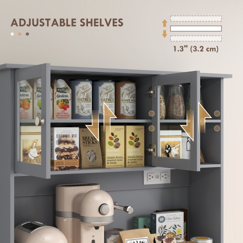 HOMCOM 68" Kitchen Pantry Cabinet with Charging Station, 2 Tilt Out 10 Gallon Trash Can Cabinets, Drawers, Freestanding Storage Cabinet with Glass