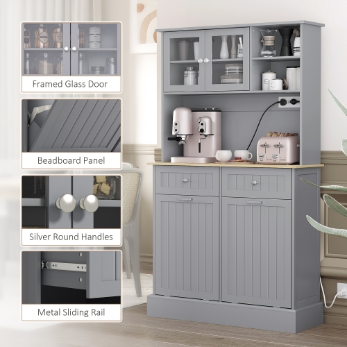 HOMCOM 68" Kitchen Pantry Cabinet with Charging Station, 2 Tilt Out 10 Gallon Trash Can Cabinets, Drawers, Freestanding Storage Cabinet with Glass