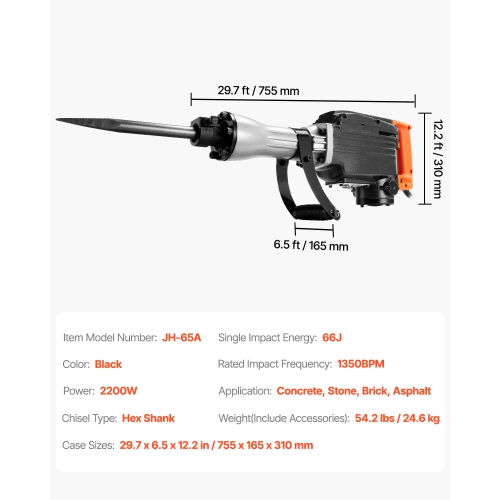 VEVOR 2200W Demolition Jack Hammer, Jack Hammer Concrete Breaker, 1350 BPM Heavy Duty Electric Jack Hammer, 4pcs Chisels Bit with Case, Black