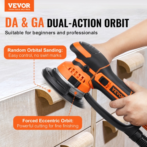 VEVOR 6-Inch DA & GA Dual Action Random Orbital Sander, 850W 7400PRM 6 Variable Speed Electric Palm Sander with 10PCS Sandpapers, Dust Connector for