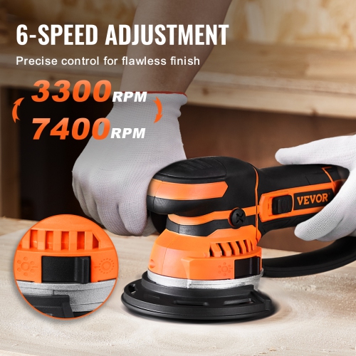 VEVOR 6-Inch DA & GA Dual Action Random Orbital Sander, 850W 7400PRM 6 Variable Speed Electric Palm Sander with 10PCS Sandpapers, Dust Connector for
