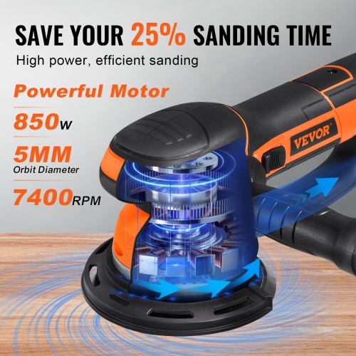 VEVOR 6-Inch DA & GA Dual Action Random Orbital Sander, 850W 7400PRM 6 Variable Speed Electric Palm Sander with 10PCS Sandpapers, Dust Connector for