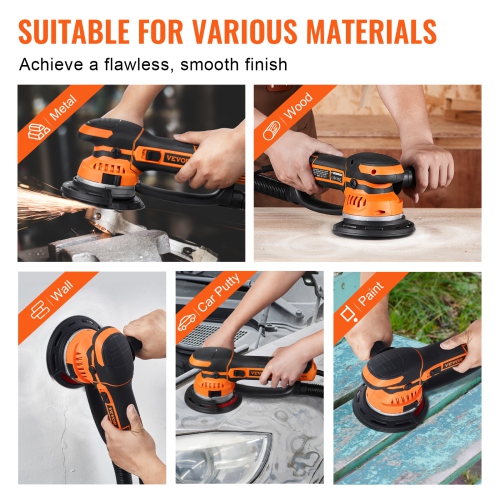 VEVOR 6-Inch DA & GA Dual Action Random Orbital Sander, 850W 7400PRM 6 Variable Speed Electric Palm Sander with 10PCS Sandpapers, Dust Connector for